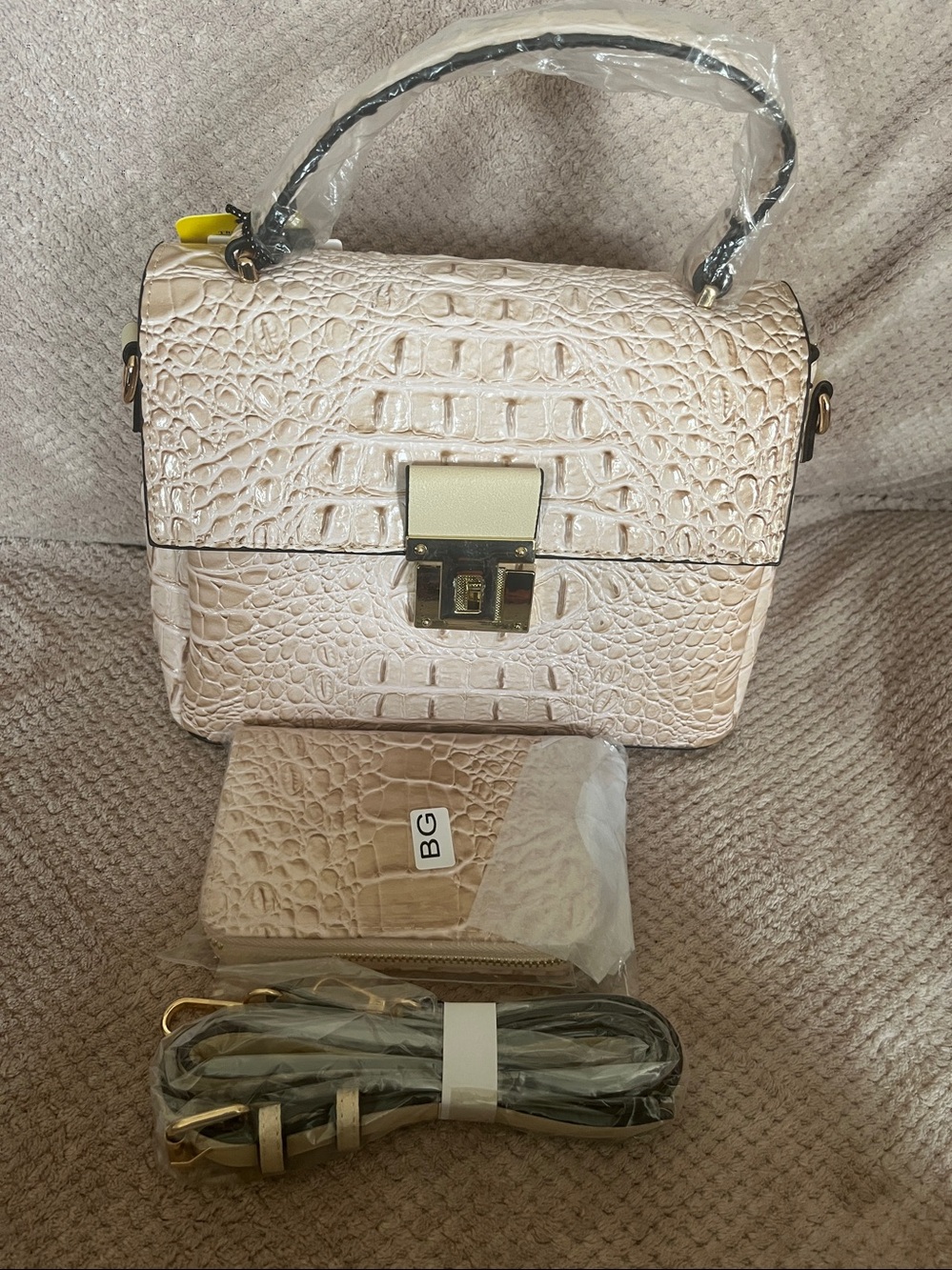 Classic Fashion Croc-Embossed Top-Handle Bag in Beige New With Tags